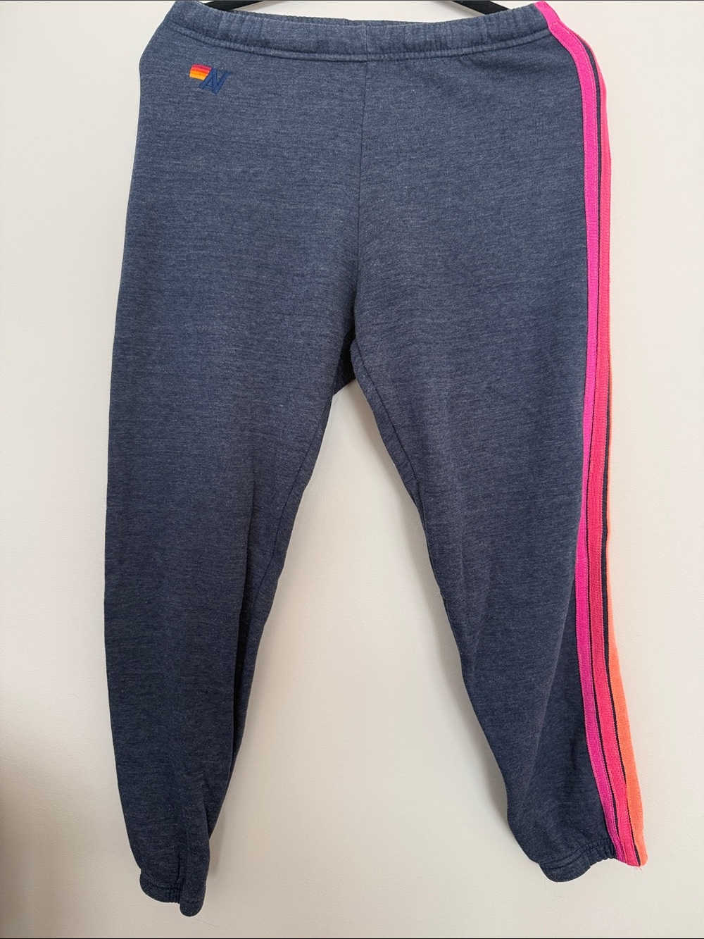 Aviator Nation Navy Track Pants with Pink & Coral Side Stripes